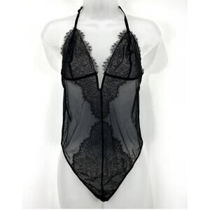 Victoria’s Secret Black Teddy Bodysuit Medium Lace Sheer Lingerie Halter Thong